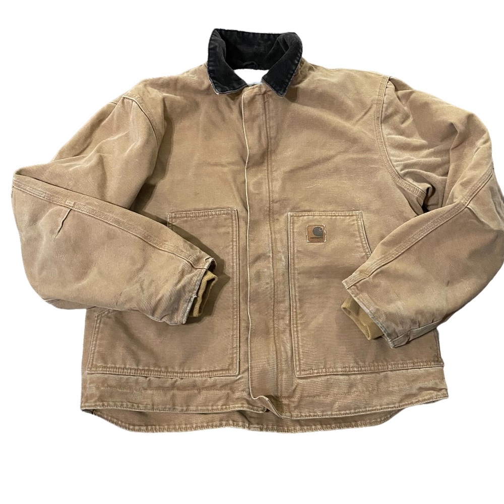 Vintage Carhartt 90s Fleece Lined Jacket Work Coat Corduroy Tan Canvas Sz M